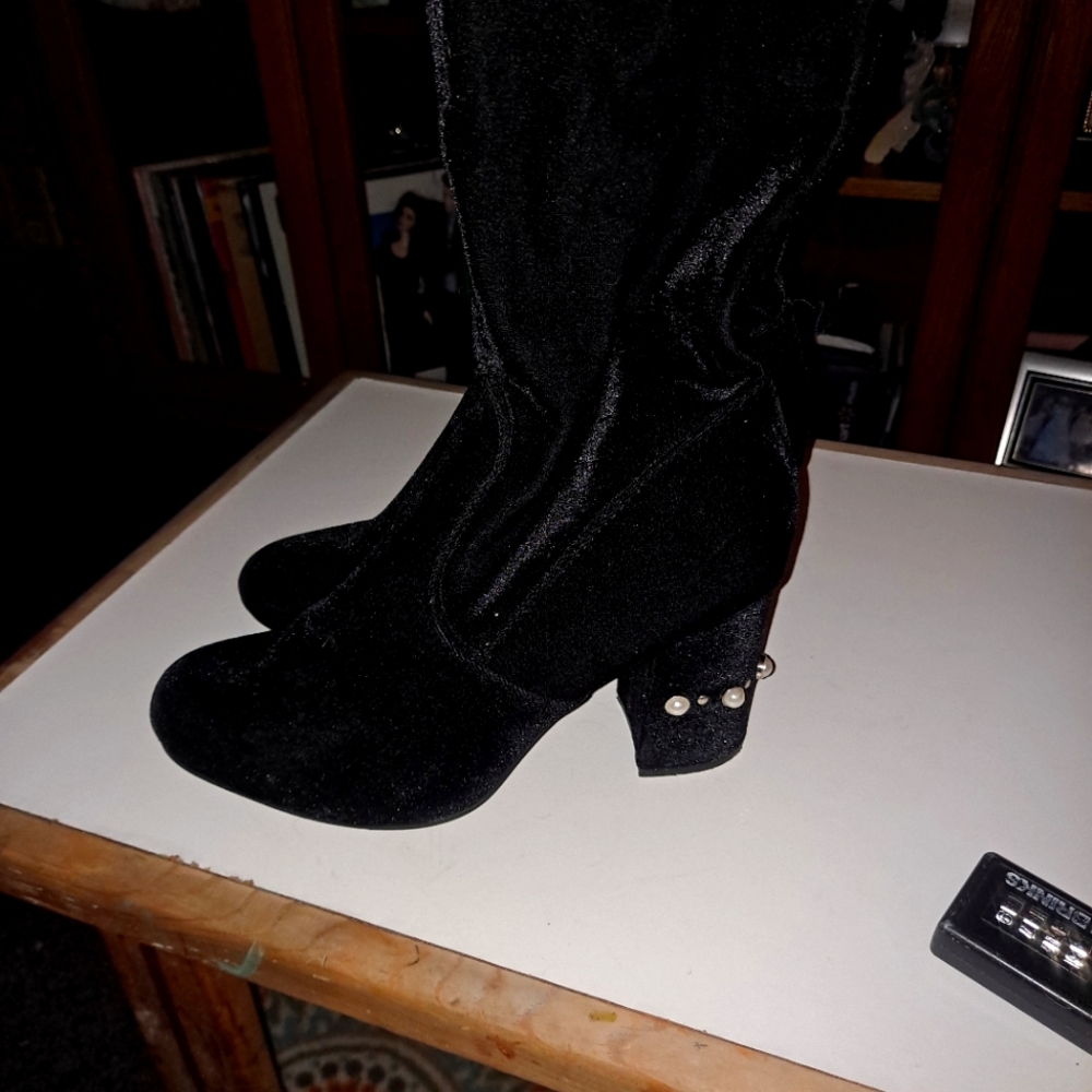 COPY - Shoedazzle thigh high boots with pearl accents on the heel, wide calf, c…